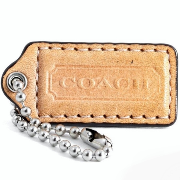 💛 2" Vintage Coach Khaki Taupe Tan Leather Hang Tag Bag Fob Charm Keychain - Picture 1 of 5